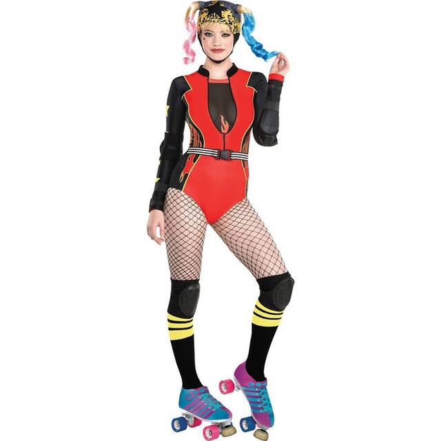 Costume de DC Birds of Prey Harley Quinn pour femmes, combinaison rouge/noire avec chaussettes et collants, très grand Front_Flat