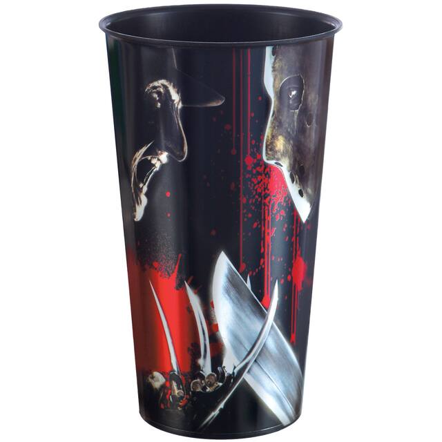 Gobelet à surprises réutilisable en plastique Les Griffes de la nuit et Vendredi 13 Fredyd et Jason, noir/rouge, 32 oz, décoration de table pour l'Halloween Front_Elevated