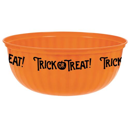 "Trick or Treat" Round Plastic Reusable Candy Serving Bowl, Orange, 1-G, for Halloween