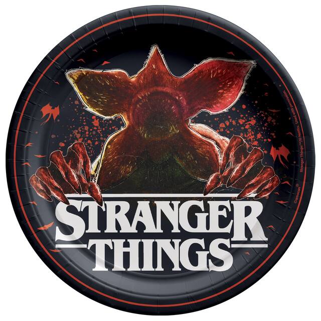 Assiettes en papier rondes jetables Stranger Things Monde à l'envers Demogorgon, noir/rouge, 9 po, paq. 8, décoration de table pour l'Halloween Overhead_Flat