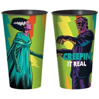 "Creepin' It Real" Frankenstein & Bride of Frankenstein Plastic Reusable Favour Cup, Green/Black, 32-oz, for Halloween Composite_or_Mixed