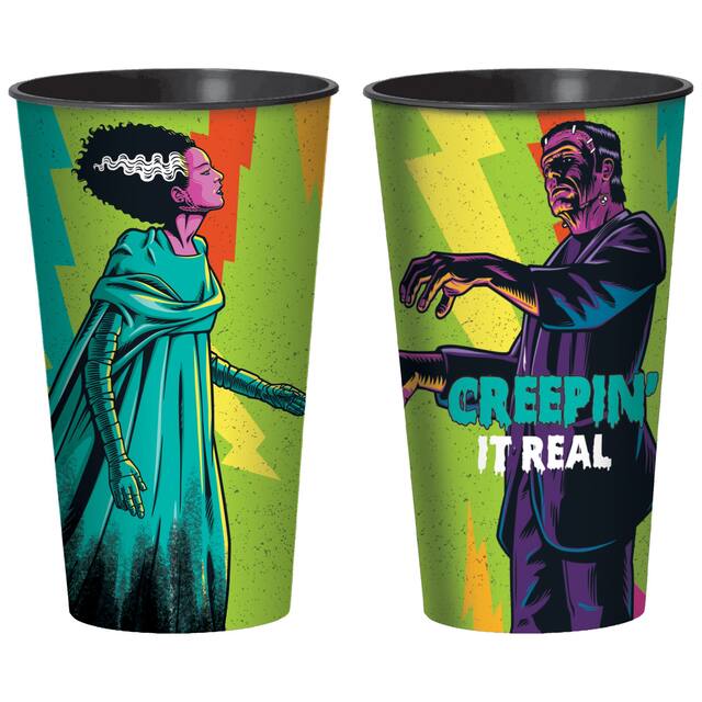Gobelet à surprises réutilisable en plastique Creepin' It Real Frankenstein et Fiancée de Frankenstein, vert/noir, 32 oz, décoration de table pour l'Halloween Composite_or_Mixed