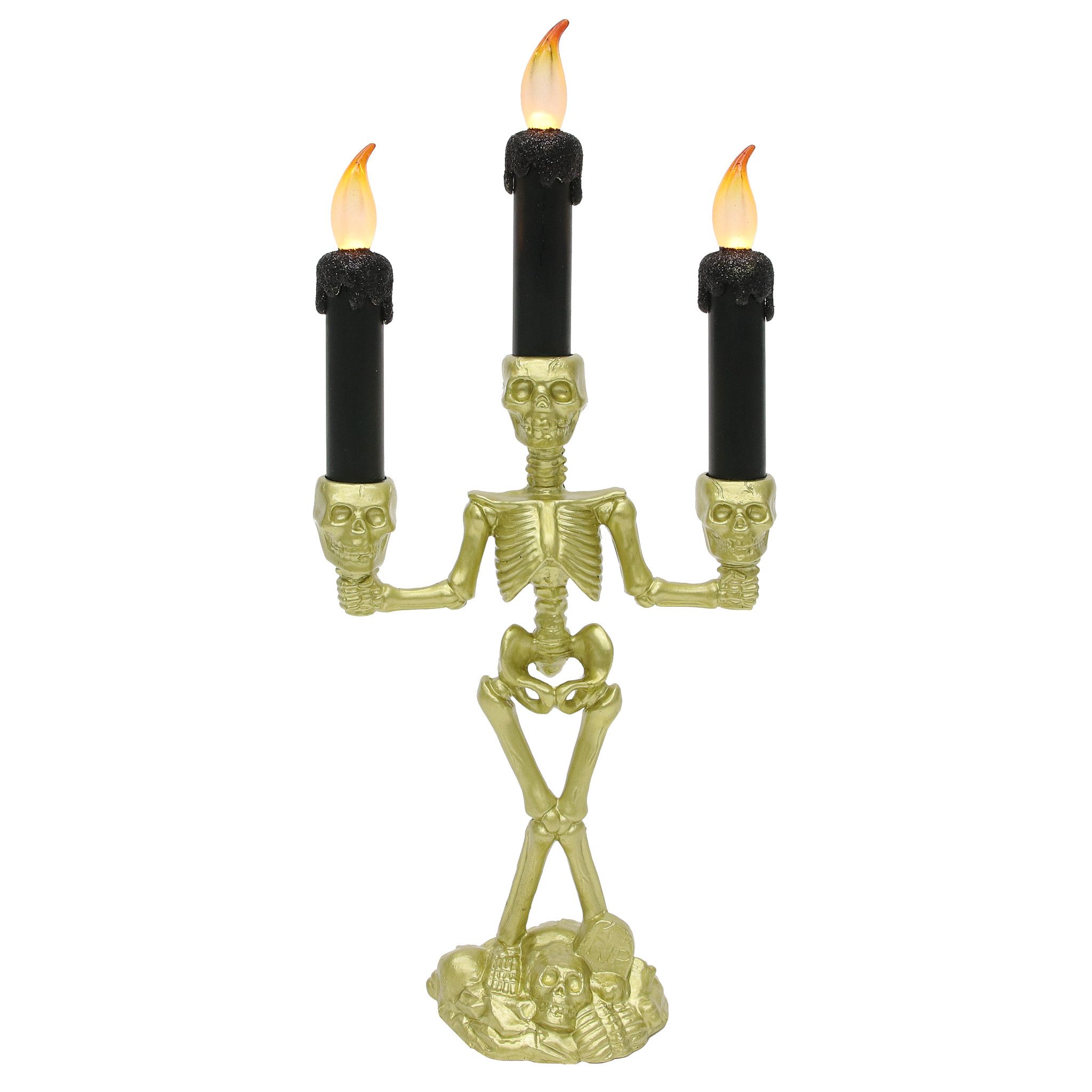 Candélabre de squelette animé, noir/doré, 14 po, décoration intérieure/extérieure activée par la lumière pour l'Halloween Front_Flat