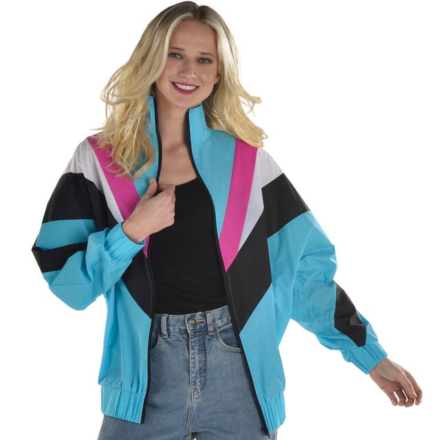 Adult 1990s Windbreaker Jacket Blue/Pink/White, One Size, Wearable Costume Accessory for Halloween Front_Flat