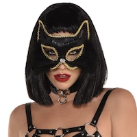 Demi-masque de chat fantaisiste en marabout scintillant, noir/doré, taille unique, accessoire de costume à porter pour l'Halloween Front_Flat