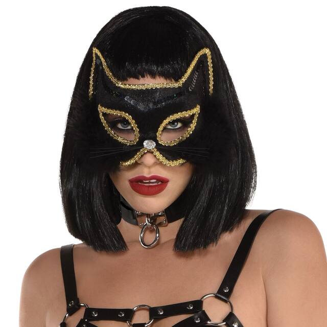 Demi-masque de chat fantaisiste en marabout scintillant, noir/doré, taille unique, accessoire de costume à porter pour l'Halloween Front_Flat