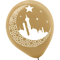 Ballons en latex ronds, or/violet, croissant de lune/mosquée, 12 po, paq. 15, pour Eid/Ramadan Front_Flat