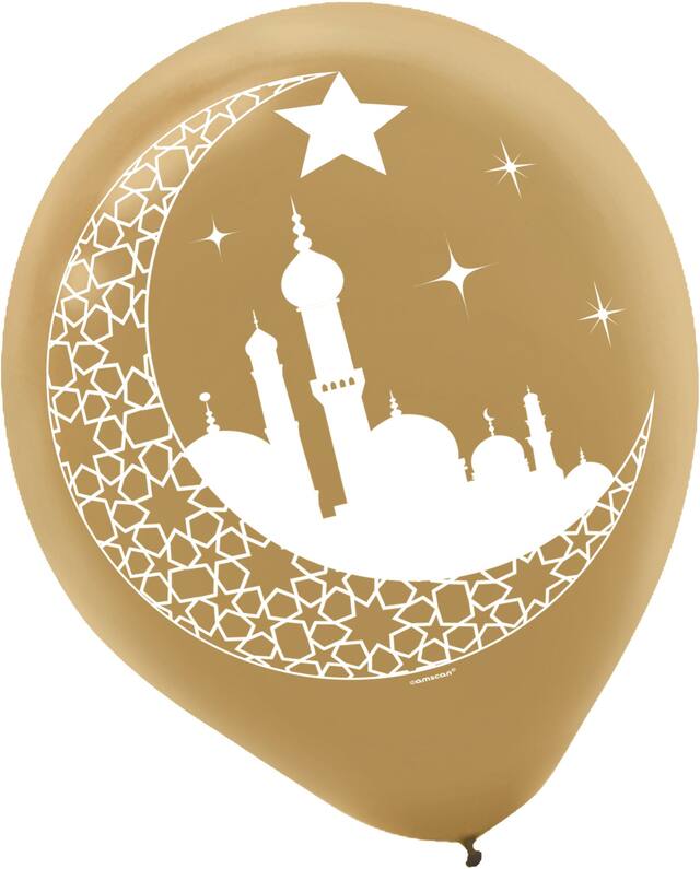 Ballons en latex ronds, or/violet, croissant de lune/mosquée, 12 po, paq. 15, pour Eid/Ramadan Front_Flat