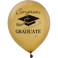 Ballons en latex ronds Congrats Grad, blanc/or/noir, 12 po, paq. 15, pour remise des diplômes Front_Flat