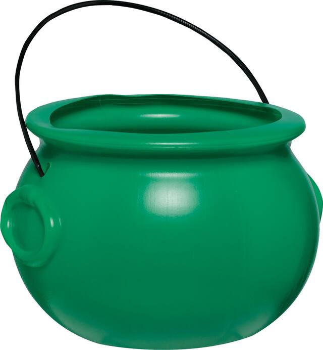Pot of Gold Plastic Reusable Cauldron Decoration, Green, 8-in, for St. Patrick's Day Front_Angled_Right