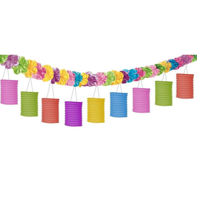 Luau & Hibiscus Paper Hanging Lantern Garland Banner Decoration, Multi-Coloured, 10-ft, for Summer Party Front_Angled_Left
