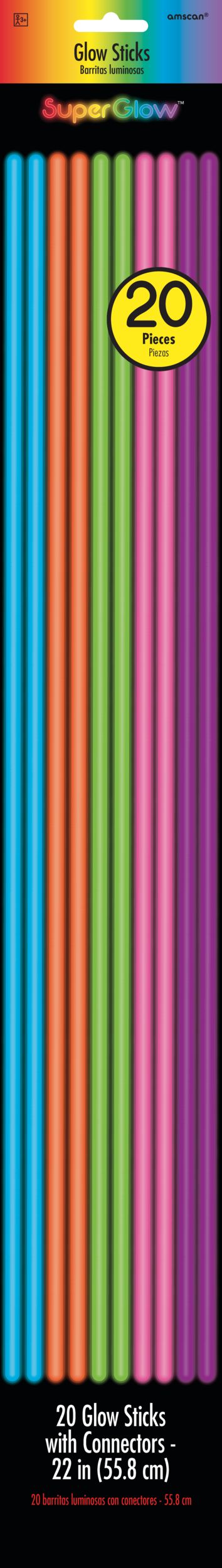 Bâtons lumineux, multicolore, paq. 20, pour fête d'anniversaire/fête du Canada/fête estivale Front_Flat