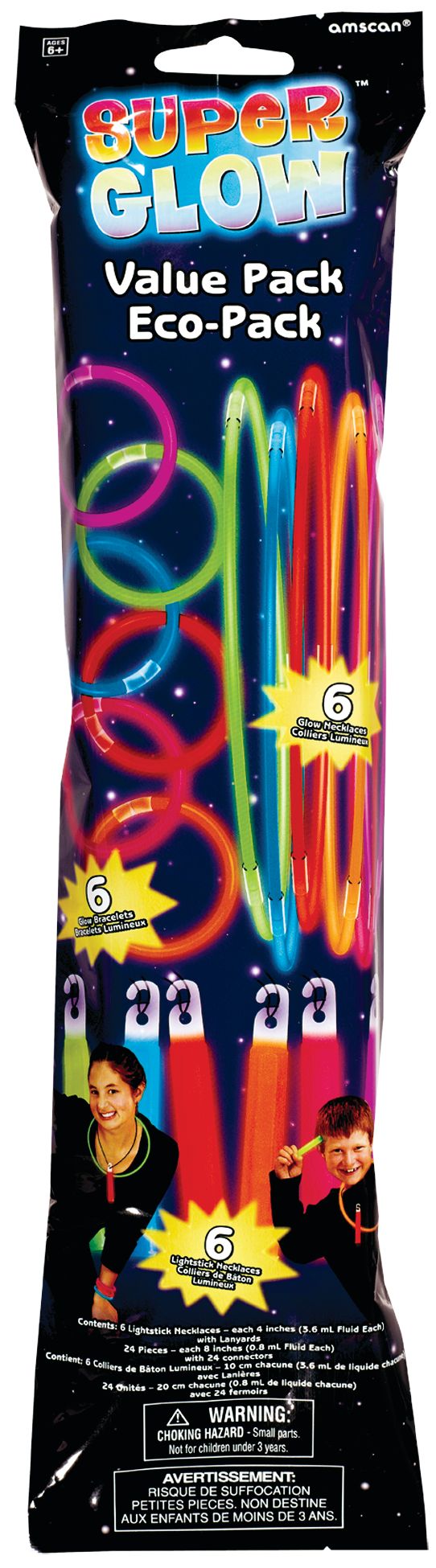Eco Value Pack Glow-in-the-Dark Neon Light Stick Necklaces, Bracelets & Lanyards, Multi-Coloured, 24-pk, for Birthday/Canada Day/Summer Party Front_Flat