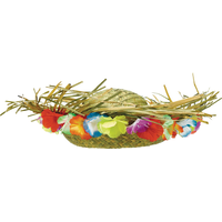 Floral Trim Hawaiian Straw Beach Hat, Tan, One Size, for Summer Party Front_Elevated