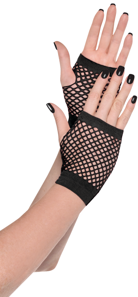 Adult Short Fingerless Fishnet Gloves, Black, One Size, Wearable