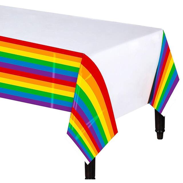 Rectangle Plastic Reusable Rainbow Table Cover, 54x102-in, for Pride/Summer Party CloseUp