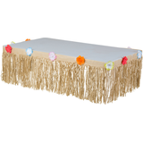 Rectangle Plastic Fringe Grass Reusable Table Skirt, Tan, Floral, 9x15-in, for Summer Party Front_Angled_Left