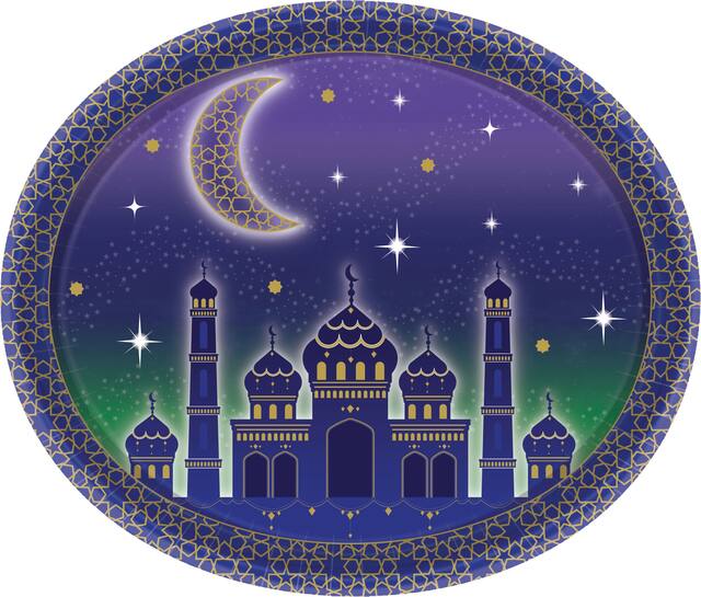Oval Paper Disposable Dinner Plates, Blue, 12-in, 8-pk, for Religious Party/Eid Mubarak/Ramadan Overhead_Flat