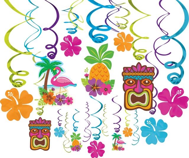 Tropical Tiki Swirl Hanging Decorations, Multi-Coloured, 17.5-in, 30-pk, for Summer Party Front_Flat