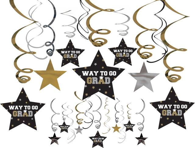 Décorations en spirale Remise de diplôme, noir, argent et or, paq. 30 Front_Flat