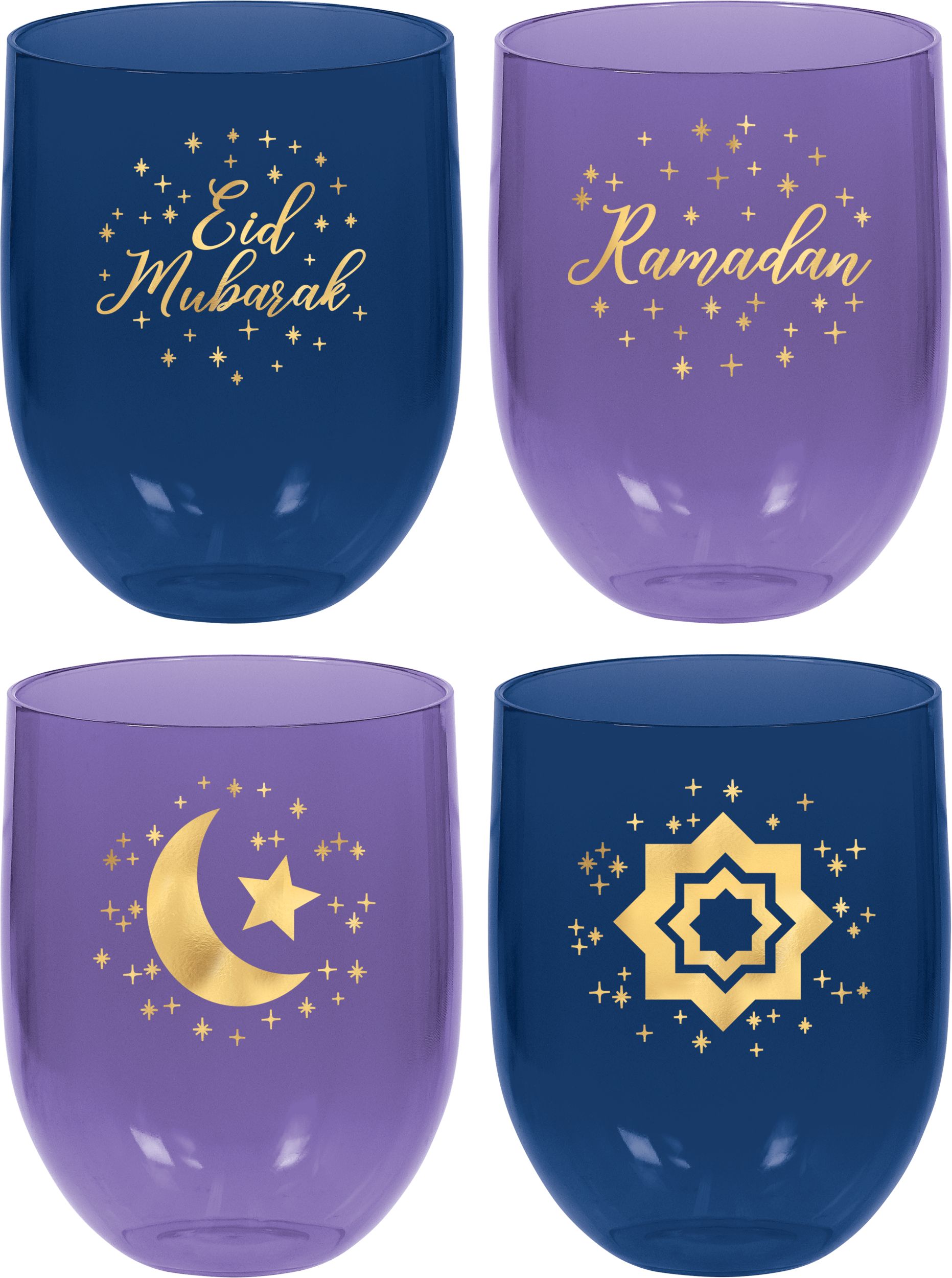 Gobelets sans pied en plastique Eid et Ramadan, bleu marine/violet, paq. 4 Front_Elevated