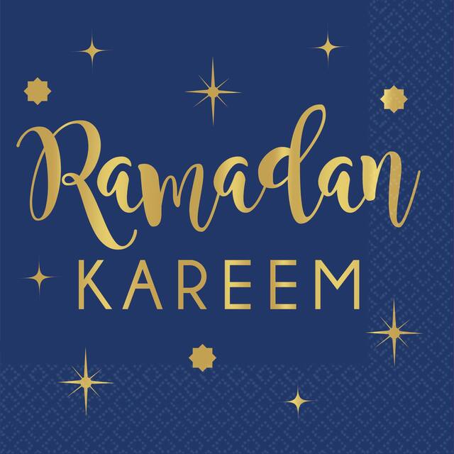 "Ramadan Kareem" Square Paper Disposable Beverage Napkins, Blue/Gold, 5-in, 16-pk, 2-ply, for Religious Party/Eid Mubarak/Ramadan Front_Flat