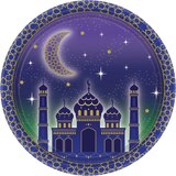 Round Paper Disposable Dessert Plates, Purple, 7-in, 8-pk, for Religious Party/Eid Mubarak/Ramadan Overhead_Flat