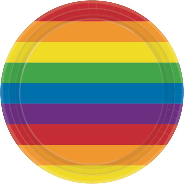 Round Paper Disposable Lunch Plates,Rainbow, 9-in, 8-pk, for Pride/Summer Party Overhead_Flat
