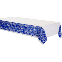 Joyous Holiday Passover Table Cover, Blue/Silver/White Front_Angled_Left