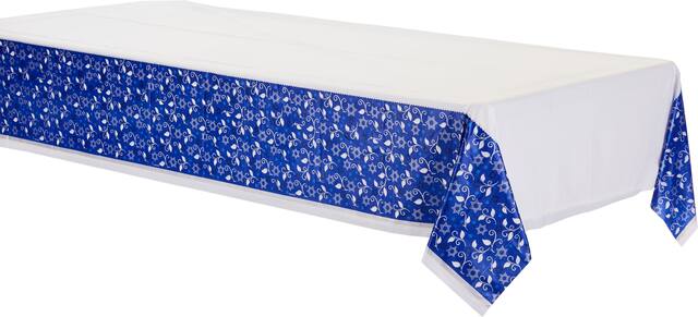 Joyous Holiday Passover Table Cover, Blue/Silver/White Front_Angled_Left