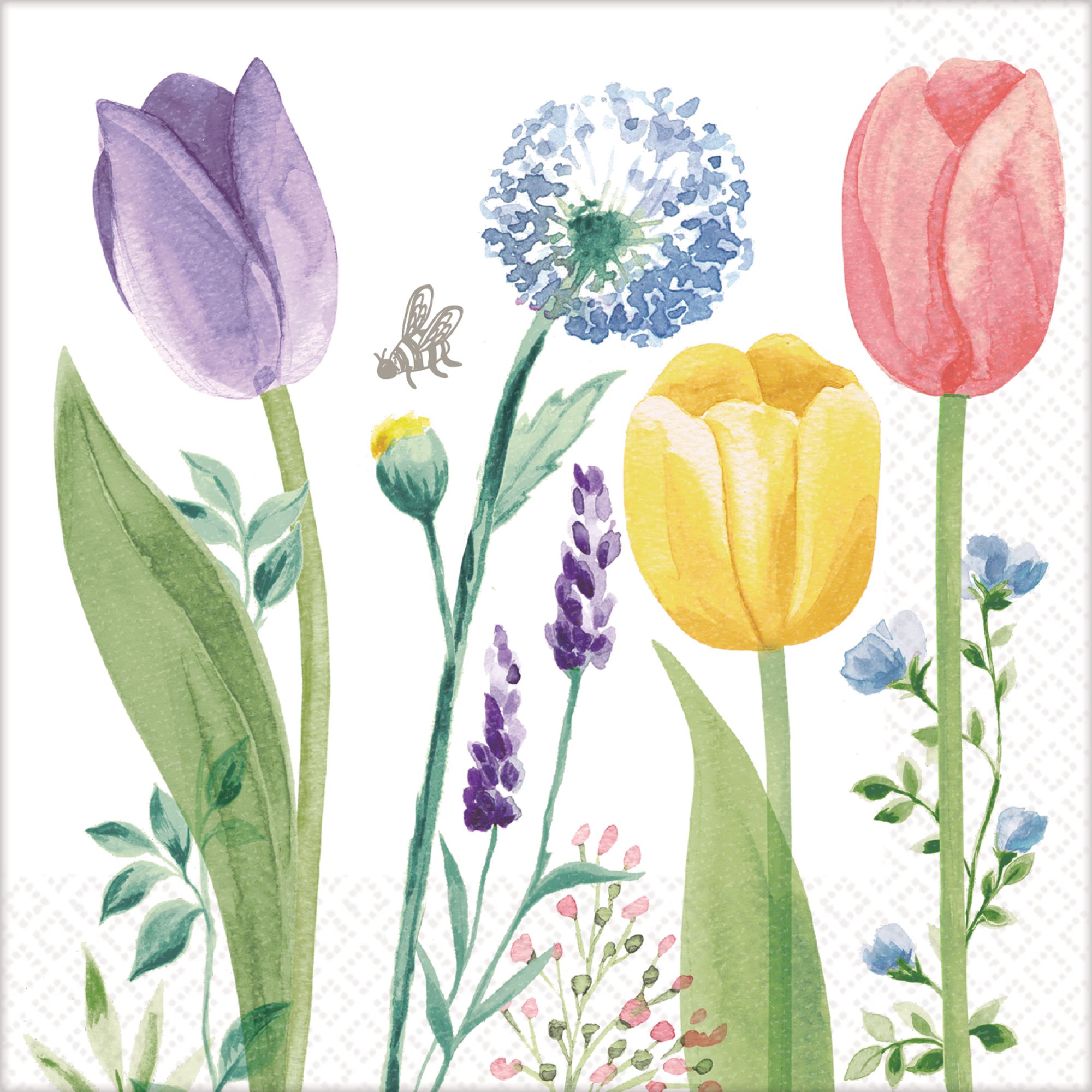 Spring Tulip Garden Square Paper Disposable Beverage Napkins, White/Pink/Purple, Floral, 5-in, 16-pk, 2-ply, for Easter/Mother's Day/Brunch Front_Flat