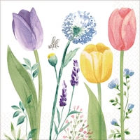 Spring Tulip Garden Square Paper Disposable Beverage Napkins, White/Pink/Purple, Floral, 5-in, 16-pk, 2-ply, for Easter/Mother's Day/Brunch Front_Flat