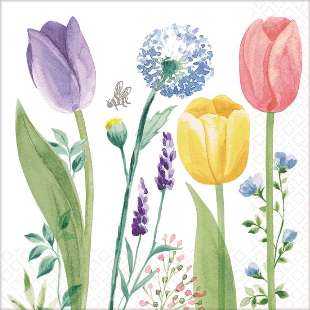 Spring Tulip Garden Square Paper Disposable Beverage Napkins, White/Pink/Purple, Floral, 5-in, 16-pk, 2-ply, for Easter/Mother's Day/Brunch Front_Flat