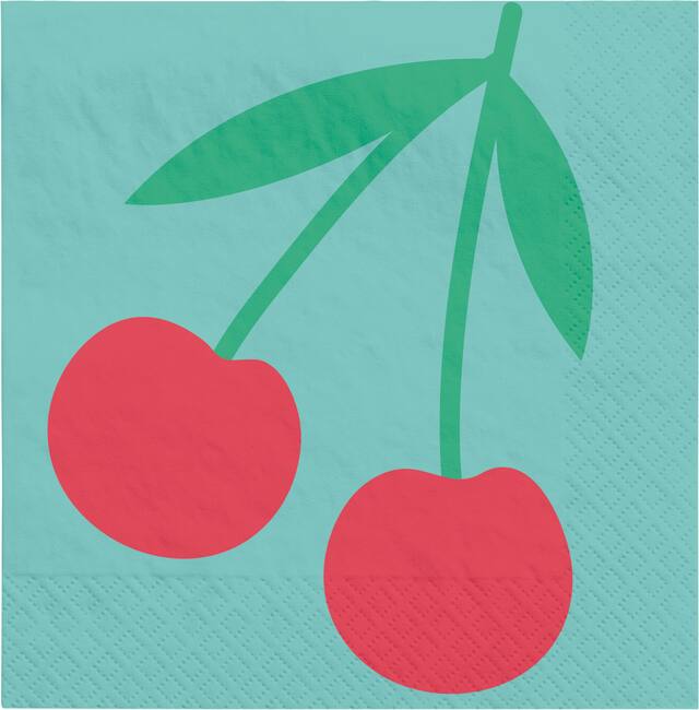 Tutti Frutti Square Paper Disposable Beverage Napkins, Blue, Cherry, 5-in, 16-pk, 2-ply, for Summer Party Front_Flat