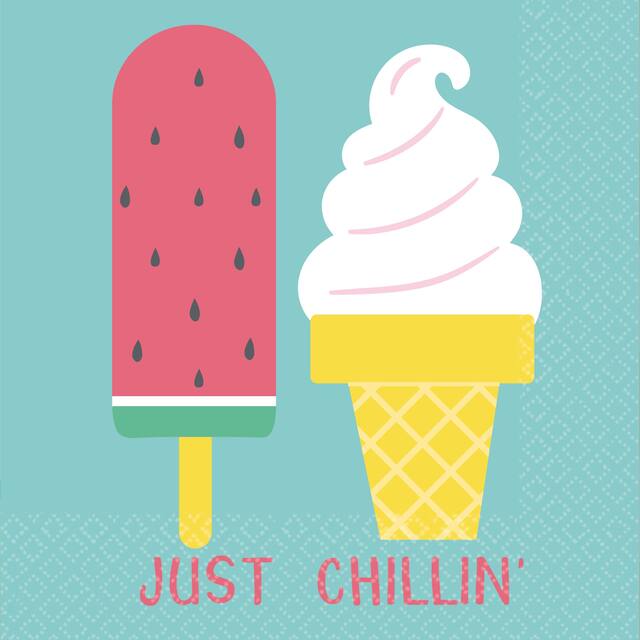 "Just Chillin" Square Paper Disposable Beverage Napkins, Blue, Ice Cream, 5-in, 16-pk, 2-ply, for Summer Party Front_Flat