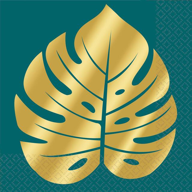Key West Square Paper Disposable Beverage Napkins, Green/Gold, Palm Leaves, 5-in, 16-pk, 2-ply, for Summer Party Front_Flat