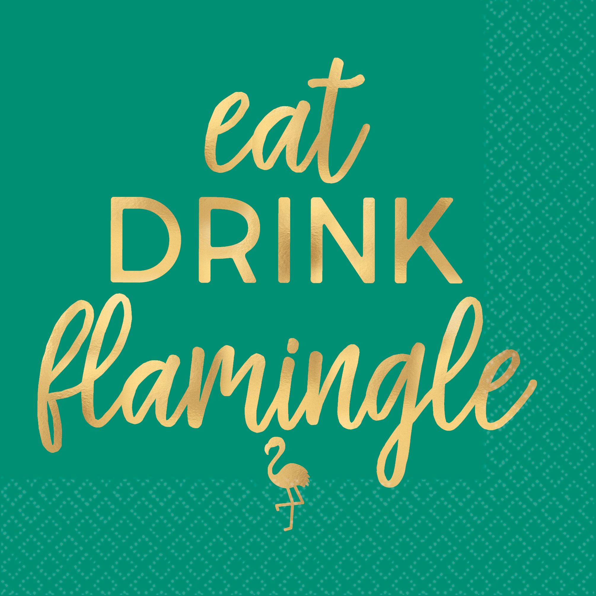 "Eat Drink Flamingle" Flamingo Square Paper Disposable Beverage Napkins, Green/Gold, 5-in, 16-pk, 2-ply, for Birthday Party Front_Flat
