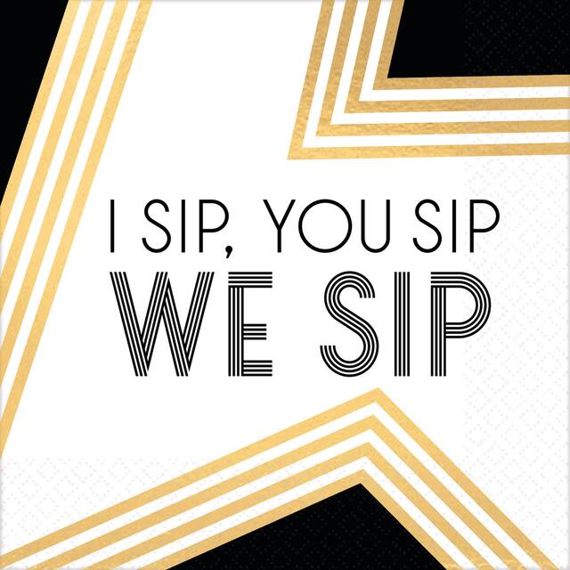 Black, Gold & White We Sip Beverage Napkins, 16-pk Overhead_Flat