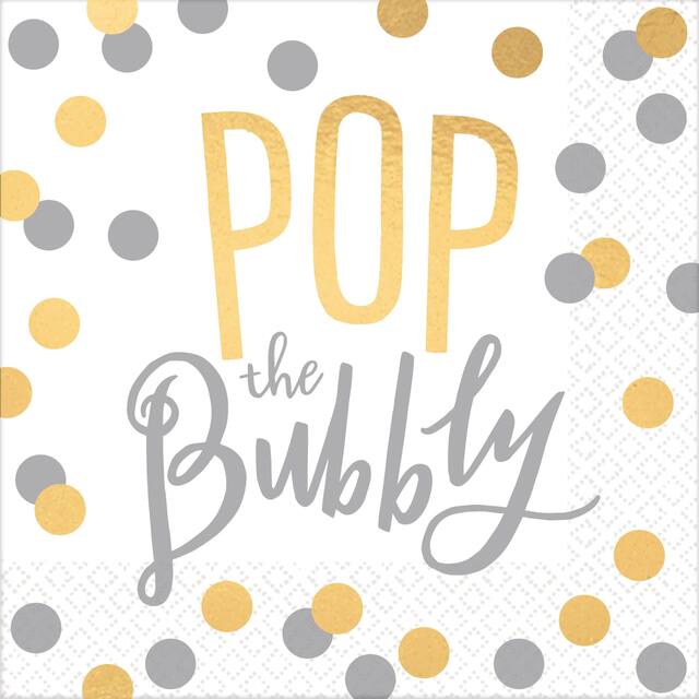 Serviettes à boissons Débouchez le mousseux, or et argent métallique, paq. 16 Overhead_Flat