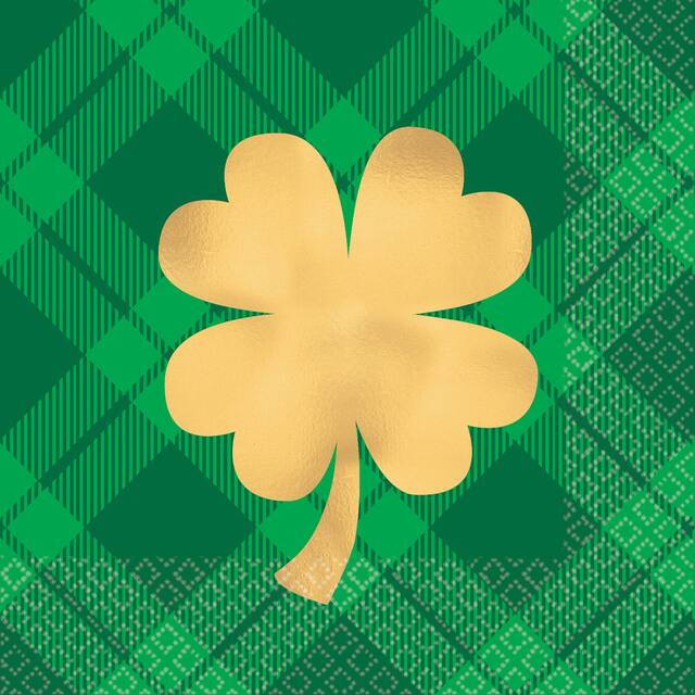 Gold Shamrock Plaid Beverage Napkins, 16-pk Overhead_Flat