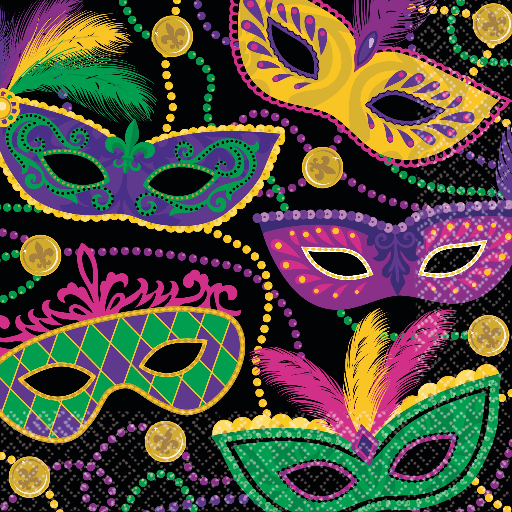 Square Paper Disposable Lunch Napkins, Purple/Yellow, Masquerade Mask, 6.5-in, 16-pk, 2-ply, for Mardi Gras Overhead_Flat