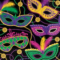 Square Paper Disposable Lunch Napkins, Purple/Yellow, Masquerade Mask, 6.5-in, 16-pk, 2-ply, for Mardi Gras Overhead_Flat