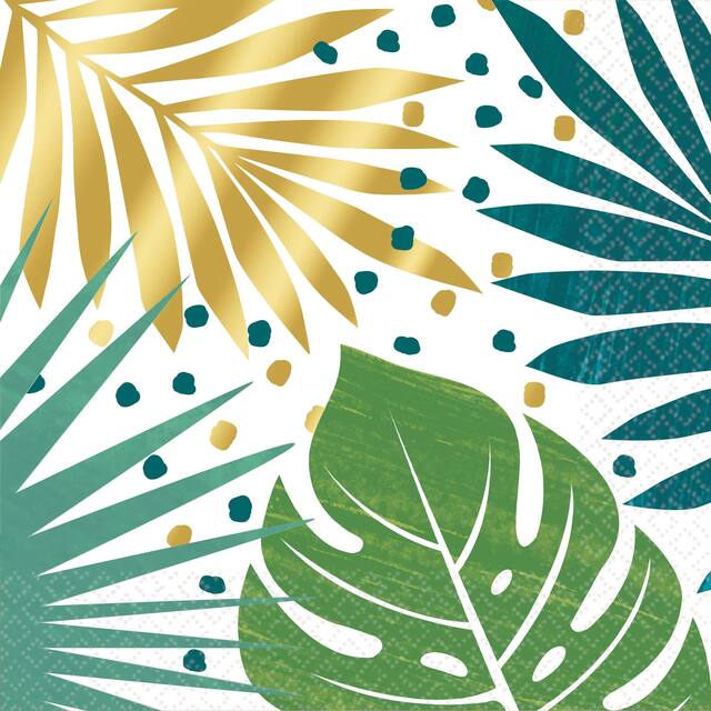 Key West Square Paper Disposable Lunch Napkins, Green/Gold, Palm Leaves, 6.5-in, 16-pk, 2-ply, for Summer Party Overhead_Flat