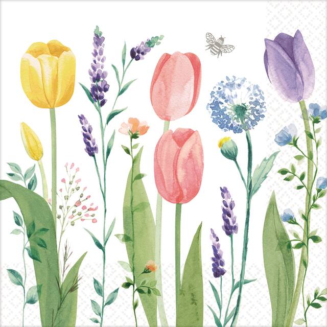 Spring Tulip Garden Square Paper Disposable Dinner Napkins, White/Pink/Purple, Floral, 8-in, 16-pk, 2-ply, for Easter/Mother's Day/Brunch Front_Flat