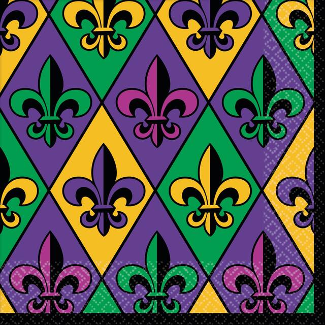 Square Paper Disposable Beverage Napkins, Purple/Green, 5-in, 36-pk, 2-ply, for Mardi Gras Front_Flat