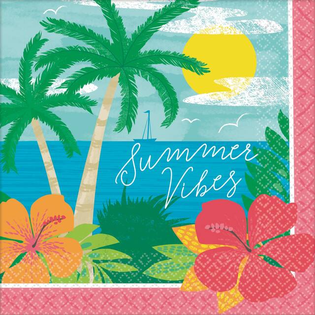 Summer Vibes Square Paper Disposable Beverage Napkins, Multi-Coloured, Floral, 5-in, 125-pk, 2-ply, for Summer Party Front_Flat
