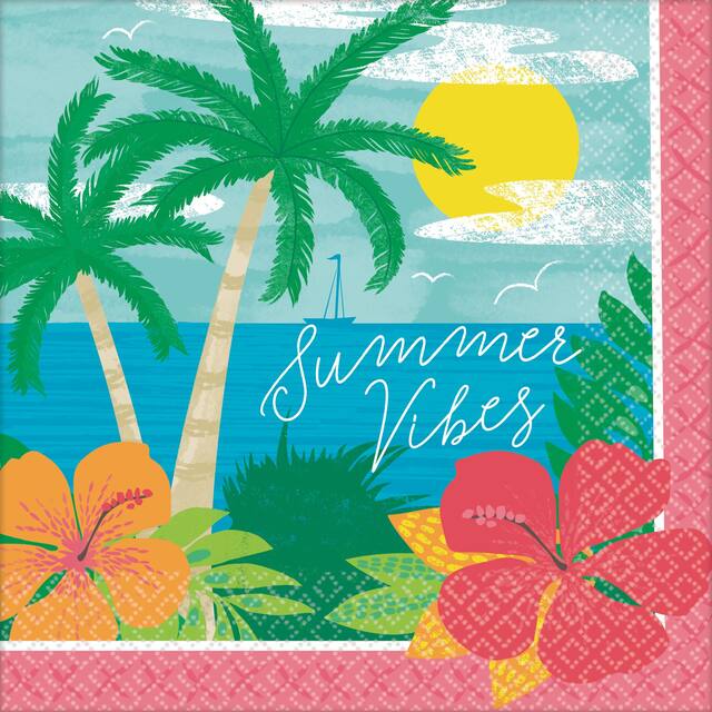 Summer Vibes Square Paper Disposable Lunch Napkins, Multi-Coloured, Floral, 6.5-in, 125-pk, 2-ply, for Summer Party Front_Flat