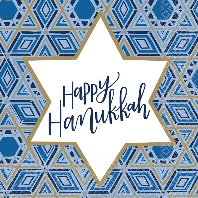 Festival of Lights "Happy Hanukkah" Square Paper Disposable Lunch Napkins, Blue, Star, 6.5-in, 36-pk, 2-ply, for Hanukkah Front_Flat