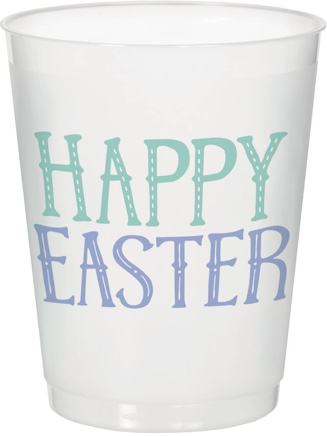"Happy Easter" Plastic Reusable Cups, White/Blue, 14-oz, 8-pk, for Easter Front_Elevated