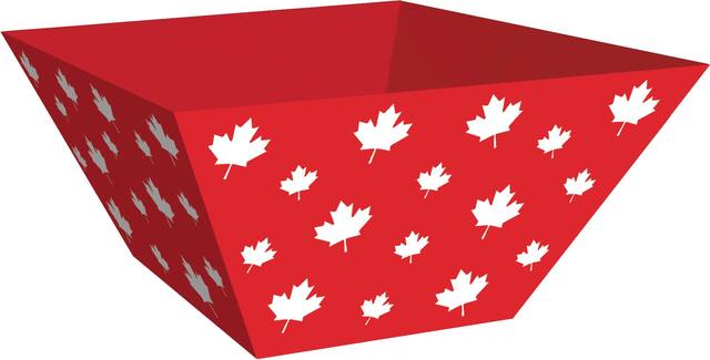 Round Plastic Reusable Serving Bowls, Red, Canadian Maple Leaf, 10-in, 3-pk, for Canada Day Front_Angled_Right